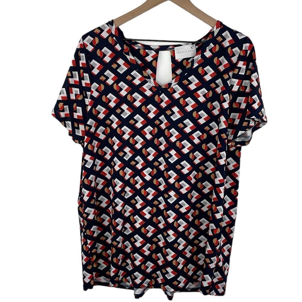 French Grey Women's Popover geometric print blouse short sleeve size 1X